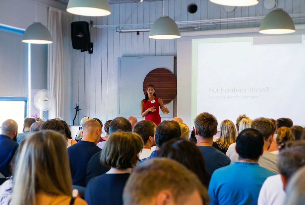 Isabelle Benediktson föreläser om stresshantering inför en fullsatt sal.