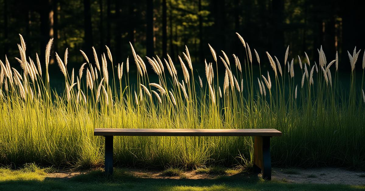 Tom bänk i högt gräs i kvällsljus - bild för artiklar om stress och återhämtning